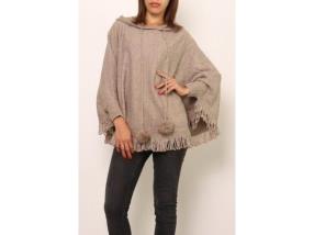 Pull poncho à capuche avec pompon gris clair ou taupe