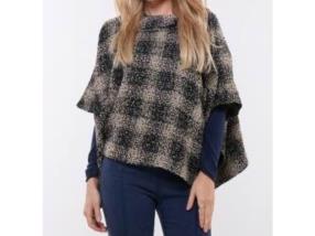 Poncho à capuche carreaux taupe et noir 