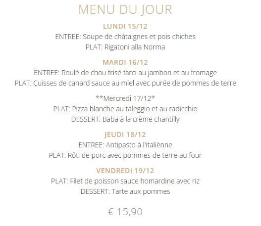 Menu du jour du 15/12 au 19/12