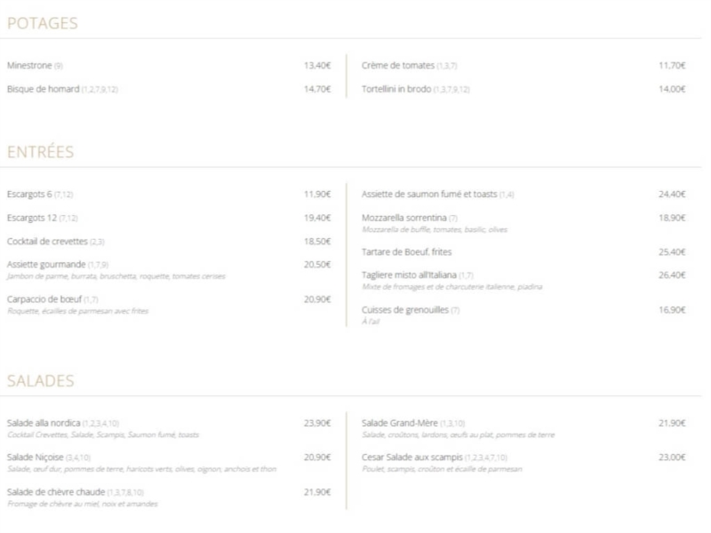 Potages, Entrées et Salades