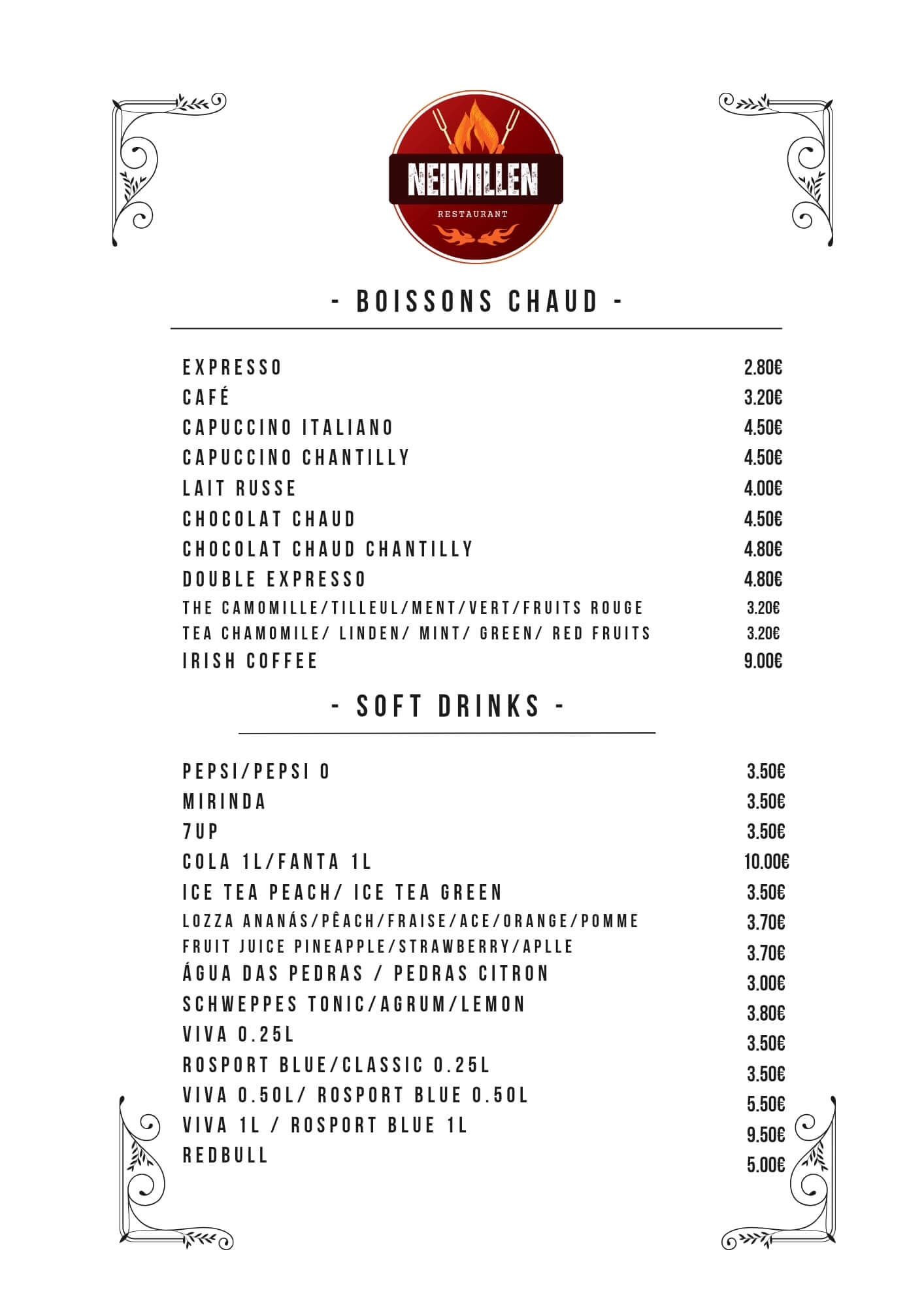 Boissons chaudes et soft drinks